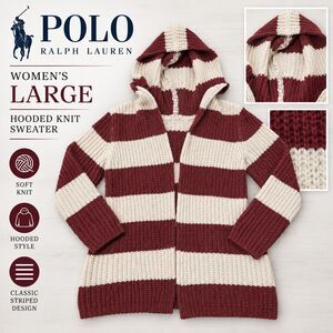 Polo Women's Large Burgundy Cream Striped Hooded Knit Sweater No Tag